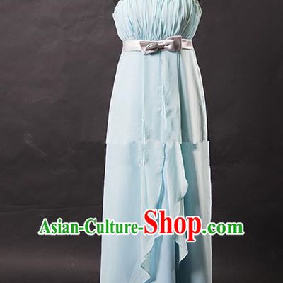 Traditional Chinese Modern Dancing Costume, Women Opening Classic Chorus Singing Group Light Blue Full Dress for Women