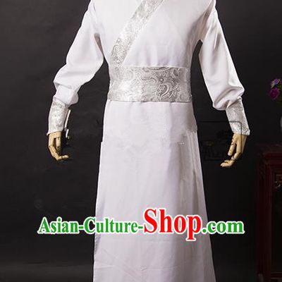 Traditional Ancient Chinese Swordsman Costume White Long Robe, Asian Chinese Han Dynasty Kawaler Clothing for Men