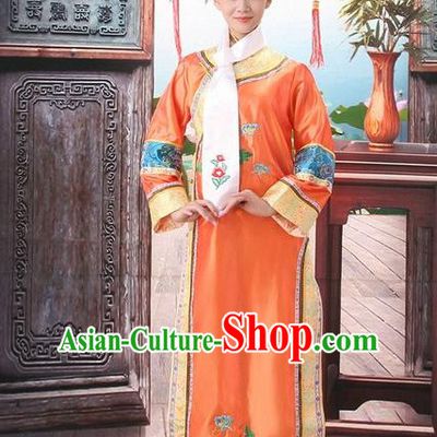 Traditional Ancient Chinese Manchu Palace Lady Costume, Asian Chinese Qing Dynasty Princess Orange Embroidered Dress Clothing for Women