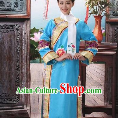Traditional Ancient Chinese Manchu Palace Lady Costume, Asian Chinese Qing Dynasty Imperial Consort Embroidered Blue Dress Clothing for Women