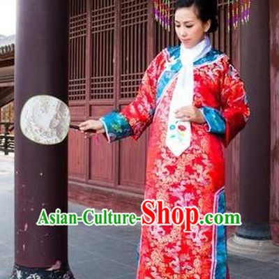Traditional Ancient Chinese Manchu Palace Lady Costume, Asian Chinese Qing Dynasty Imperial Consort Embroidered Red Dress Clothing for Women
