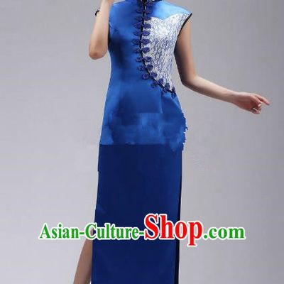 Traditional Ancient Chinese Republic of China Cheongsam Costume, Asian Chinese Blue Silk Chirpaur Clothing for Women
