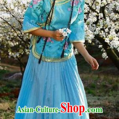 Traditional Ancient Chinese Manchu Nobility Lady Blue Costume, Asian Chinese Qing Dynasty Embroidered Dress Clothing for Women