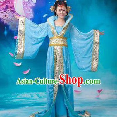 Asian China Ancient Tang Dynasty Imperial Concubine Costume, Traditional Chinese Hanfu Embroidered Blue Dress Clothing for Women
