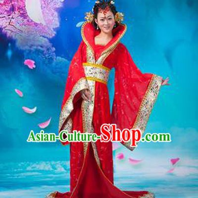 Asian China Ancient Tang Dynasty Imperial Concubine Costume, Traditional Chinese Hanfu Embroidered Red Dress Clothing for Women