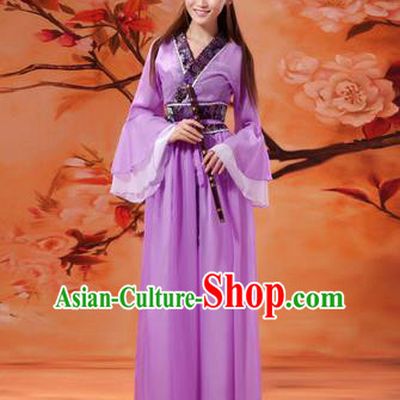 Asian China Ancient Tang Dynasty Imperial Concubine Costume, Traditional Chinese Hanfu Embroidered Purple Fairy Dress Clothing for Women
