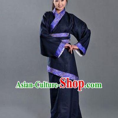 Asian China Ancient Han Dynasty Palace Lady Costume, Traditional Chinese Hanfu Embroidered Navy Curve Bottom Clothing for Women
