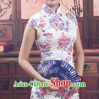 Traditional Chinese National Costume White Qipao Printing Short Cheongsam Dress for Women