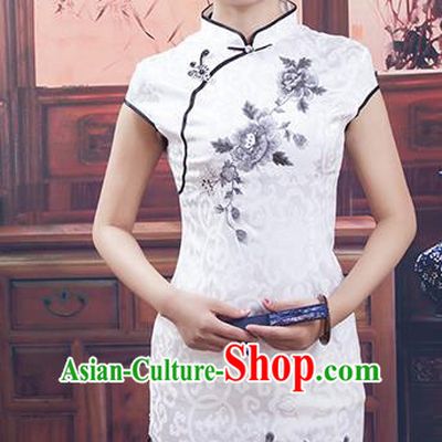 Traditional Chinese National Costume White Qipao Ink Printing Peony Short Cheongsam Dress for Women