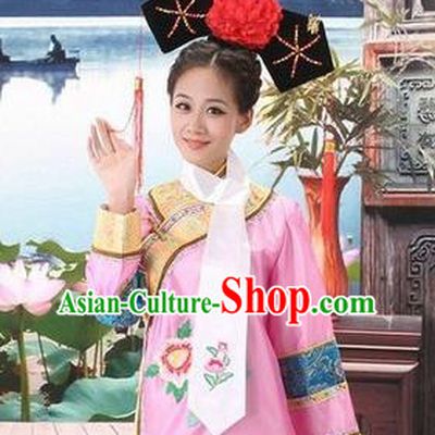 Traditional Ancient Chinese Manchu Palace Lady Costume, Asian Chinese Qing Dynasty Imperial Consort Embroidered Pink Dress Clothing for Women