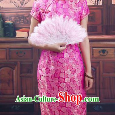 Traditional Ancient Chinese Republic of China Pink Silk Cheongsam, Asian Chinese Chirpaur Printing Qipao Dress Clothing for Women
