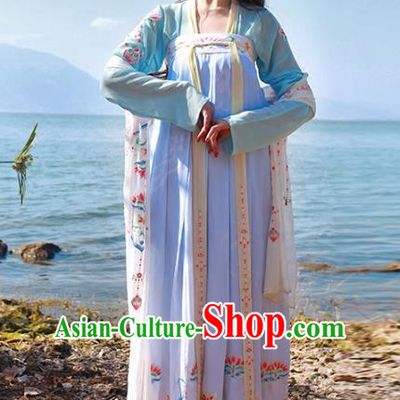 Asian Chinese Tang Dynasty Imperial Princess Embroidered Costume, Ancient China Palace Lady Embroidery Blouse and Skirt Complete Set