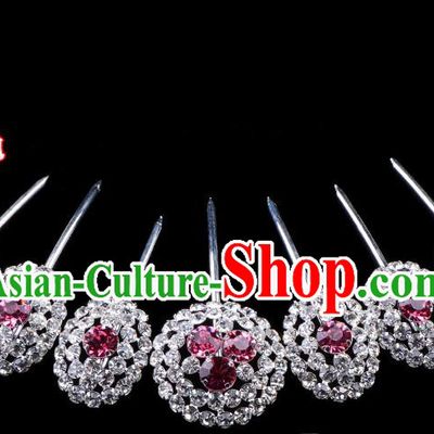 Traditional Beijing Opera Diva Hair Accessories Pink Crystal Head Ornaments Hairpins Complete Set, Ancient Chinese Peking Opera Hua Tan Hair Stick Headwear