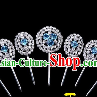 Traditional Beijing Opera Diva Hair Accessories Blue Crystal Head Ornaments Hairpins Complete Set, Ancient Chinese Peking Opera Hua Tan Hair Stick Headwear