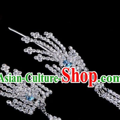 Traditional Beijing Opera Diva Hair Accessories Blue Crystal Inclined Phoenix Tassel Hairpins, Ancient Chinese Peking Opera Hua Tan Hair Stick Headwear