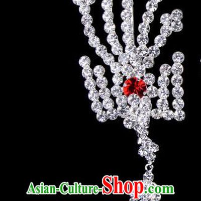 Traditional Beijing Opera Diva Hair Accessories Red Crystal Inclined Phoenix Tassel Hairpins, Ancient Chinese Peking Opera Hua Tan Hair Stick Headwear