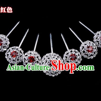 Traditional Beijing Opera Diva Hair Accessories Red Crystal Head Ornaments Complete Set, Ancient Chinese Peking Opera Hua Tan Round Hairpins Hair Stick Headwear
