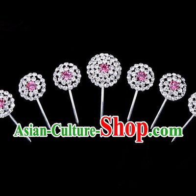 Traditional Beijing Opera Diva Hair Accessories Pink Crystal Head Ornaments Complete Set, Ancient Chinese Peking Opera Hua Tan Round Hairpins Hair Stick Headwear