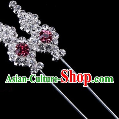 Traditional Beijing Opera Diva Hair Accessories Pink Crystal Head Ornaments, Ancient Chinese Peking Opera Hua Tan Hairpins Hair Stick Headwear