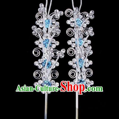 Traditional Beijing Opera Diva Hair Accessories Blue Crystal Head Ornaments, Ancient Chinese Peking Opera Hua Tan Hairpins Hair Stick Headwear