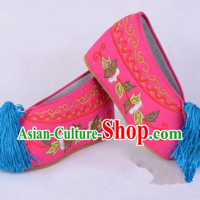 Traditional Beijing Opera Diva Rosy Satin Embroidered Shoes Cloth Shoes, Ancient Chinese Peking Opera Hua Tan Princess Blood Stained Shoes