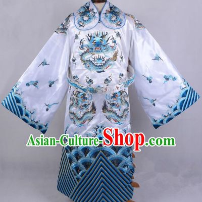Top Grade Professional Beijing Opera Emperor Costume Royal Highness White Embroidered Robe and Belts, Traditional Ancient Chinese Peking Opera Embroidery Dragons Clothing