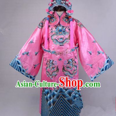 Top Grade Professional Beijing Opera Emperor Costume Royal Highness Pink Embroidered Robe and Belts, Traditional Ancient Chinese Peking Opera Embroidery Dragons Clothing