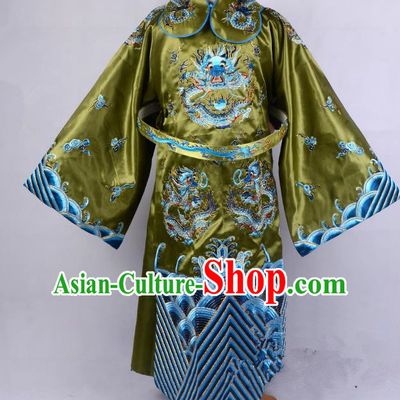Top Grade Professional Beijing Opera Emperor Costume Royal Highness Olive Green Embroidered Robe and Belts, Traditional Ancient Chinese Peking Opera Embroidery Dragons Clothing
