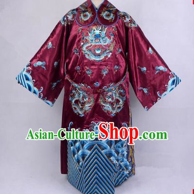 Top Grade Professional Beijing Opera Emperor Costume Royal Highness Amaranth Embroidered Robe and Belts, Traditional Ancient Chinese Peking Opera Embroidery Dragons Clothing