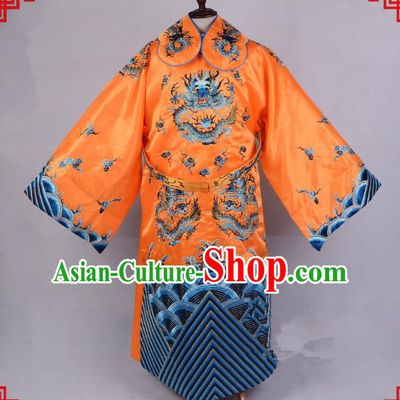 Top Grade Professional Beijing Opera Emperor Costume Royal Highness Yellow Embroidered Robe and Belts, Traditional Ancient Chinese Peking Opera Embroidery Dragons Clothing