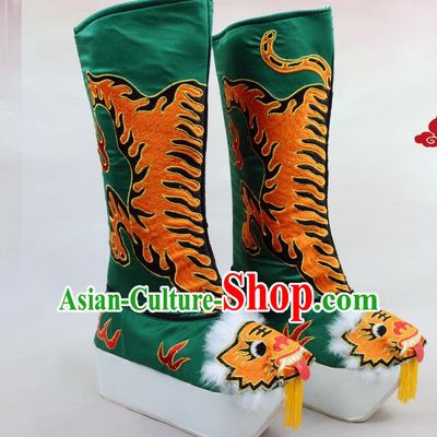Traditional Beijing Opera Emperor Embroidered Green Boots Tiger-head Shoes, Ancient Chinese Peking Opera Takefu Satin Embroidery High Leg Boots