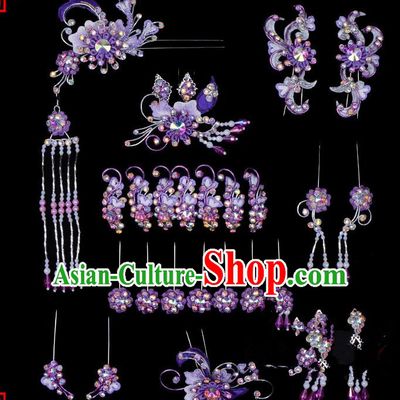 Traditional Beijing Opera Diva Hair Accessories Head Ornaments Complete Set Purple Hairpins, Ancient Chinese Peking Opera Hua Tan Hair Stick Headwear