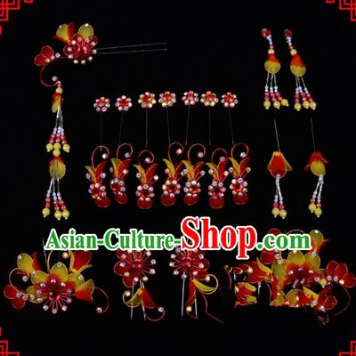 Traditional Beijing Opera Diva Hair Accessories Head Ornaments Complete Set Red Hairpins, Ancient Chinese Peking Opera Hua Tan Hair Stick Headwear