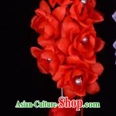Traditional Beijing Opera Diva Hair Accessories Temples Red Silk Flowers Head Ornaments Hairpins, Ancient Chinese Peking Opera Hua Tan Hair Stick Headwear