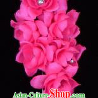Traditional Beijing Opera Diva Hair Accessories Temples Rosy Silk Flowers Head Ornaments Hairpins, Ancient Chinese Peking Opera Hua Tan Hair Stick Headwear
