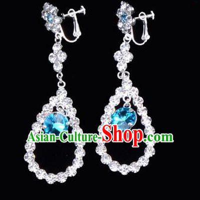 Traditional Beijing Opera Diva Jewelry Accessories Blue Crystal Earrings, Ancient Chinese Peking Opera Hua Tan Eardrop