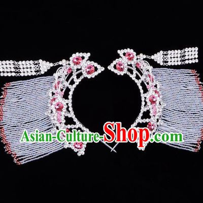 Traditional Beijing Opera Diva Hair Accessories Pink Crystal Hairpins Temples Curtain Step Shake, Ancient Chinese Peking Opera Hua Tan Hair Stick Headwear
