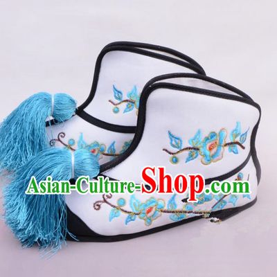 Traditional Beijing Opera Swordplay Embroidered White Boots Young Lady Shoes, Ancient Chinese Peking Opera Blues Female Warrior Shoes