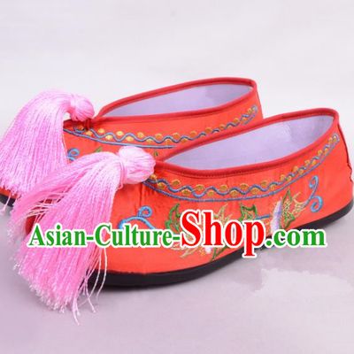 Traditional Beijing Opera Hua Tan Rosy Embroidered Shoes Princess Shoes, Ancient Chinese Peking Opera Diva Blood Stained Shoes