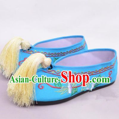 Traditional Beijing Opera Hua Tan Blue Embroidered Shoes Princess Shoes, Ancient Chinese Peking Opera Diva Blood Stained Shoes