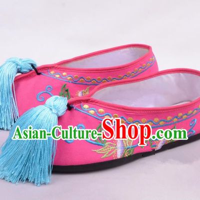 Traditional Beijing Opera Hua Tan Embroidered Shoes Princess Rosy Shoes, Ancient Chinese Peking Opera Diva Blood Stained Shoes