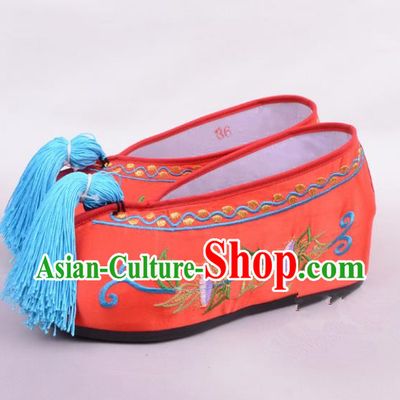 Traditional Beijing Opera Hua Tan Embroidered Shoes Princess Red Shoes, Ancient Chinese Peking Opera Diva Blood Stained Shoes