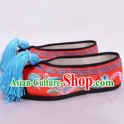 Traditional Beijing Opera Hua Tan Embroidered Shoes Princess Red Shoes, Ancient Chinese Peking Opera Diva Embroidered Phoenix Blood Stained Shoes