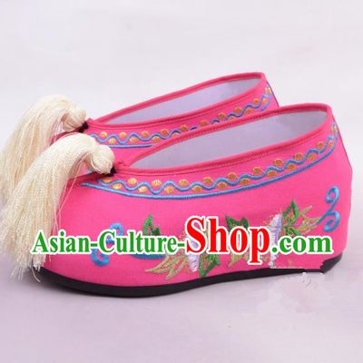 Traditional Beijing Opera Hua Tan Embroidered Shoes Princess Rosy Shoes, Ancient Chinese Peking Opera Diva Blood Stained Shoes
