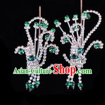 Traditional Beijing Opera Diva Hair Accessories Green Crystal Head Ornaments Phoenix Step Shake, Ancient Chinese Peking Opera Hua Tan Hairpins Headwear