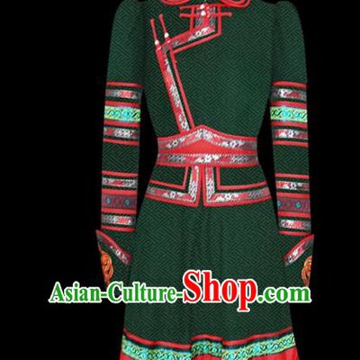 Traditional Chinese Mongol Nationality Costume Princess Green Dress Mongolian Robe, Chinese Mongolian Minority Nationality Embroidery Clothing for Women