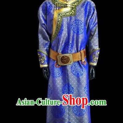 Traditional Chinese Mongol Nationality Dance Costume Royalblue Mongolian Robe, Chinese Mongolian Minority Nationality Royal Highness Embroidery Costume for Men