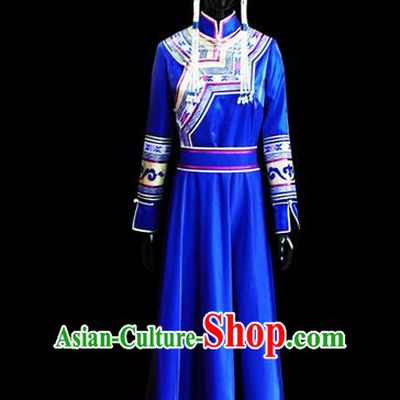 Traditional Chinese Mongol Nationality Dance Costume Female Blue Mongolian Robe, Chinese Mongolian Minority Nationality Princess Embroidery Costume for Women