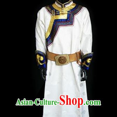 Traditional Chinese Mongol Nationality Dance Costume White Mongolian Robe, Chinese Mongolian Minority Nationality Prince Embroidery Costume for Men
