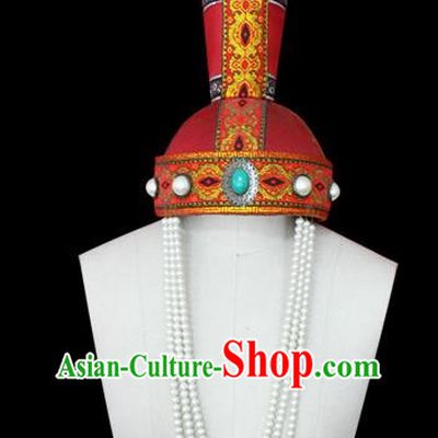 Traditional Chinese Mongol Nationality Hair Accessories Mongols Princess Pearls Tassel Hat, Chinese Mongolian Minority Nationality Headwear for Women